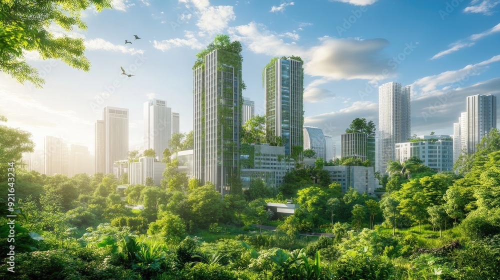 Illustration of a green sustainable urban area with eco-friendly buildings and lush greenery Illustration of a green sustainable urban area with eco-friendly buildings and lush greenery