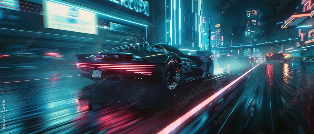 Neon lights outlining futuristic vehicles in a high-speed chase Neon lights outlining futuristic vehicles in a high-speed chase