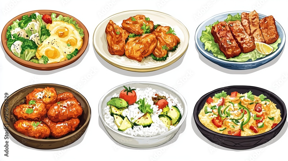 A food meal set featuring a variety of dishes: fried chicken, vegetable salad, omelet, fish barbecue, vegetables, and rice. A food meal set featuring a variety of dishes: fried chicken, vegetable salad, omelet, fish barbecue, vegetables, and rice.