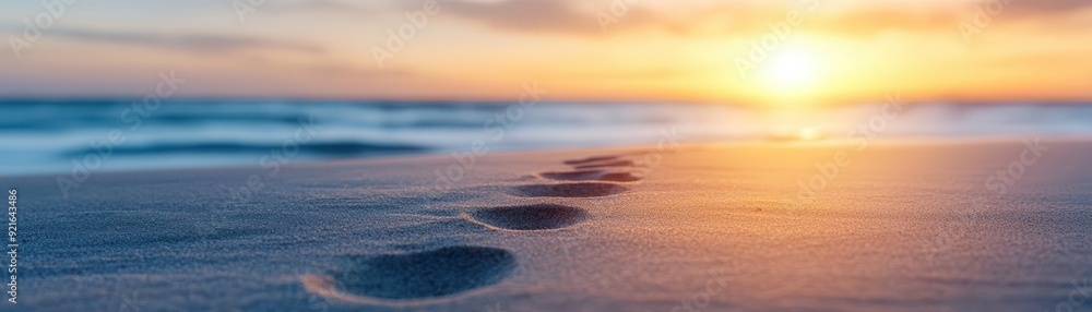 A serene beach scene with footprints leading to a beautiful sunset over gentle waves. A serene beach scene with footprints leading to a beautiful sunset over gentle waves.