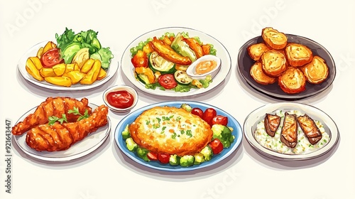 A food meal set featuring a variety of dishes: fried chicken, vegetable salad, omelet, fish barbecue, vegetables, and rice.