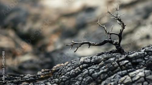 Charred tree branch on ash-covered ground after wildfire photo