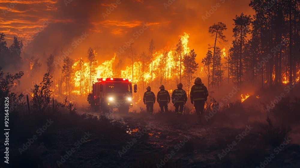 Firefighters standing in front of a forest fire at night Firefighters standing in front of a forest fire at night
