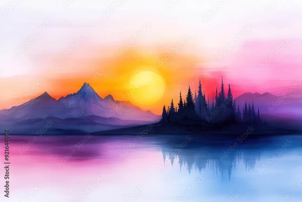 A vibrant sunset over tranquil mountains, reflecting vivid colors on calm water, creating an enchanting landscape scene. A vibrant sunset over tranquil mountains, reflecting vivid colors on calm water, creating an enchanting landscape scene.