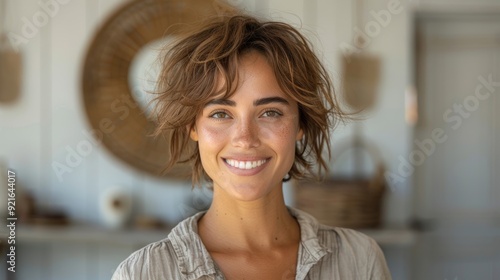 Young woman with short hair smiling indoors in a rustic setting during daylight Free Download Young woman with short hair smiling indoors in a rustic setting during daylight - GFXLoad