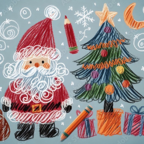 Wallpaper Mural Colorful Scribble Art of Santa Claus with Christmas Tree with Generative AI. Torontodigital.ca