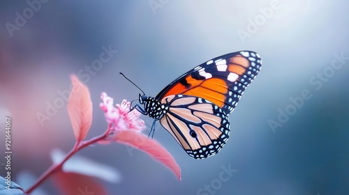 A vibrant monarch butterfly perched on a delicate pink flower, showcasing nature's beauty and intricate details.