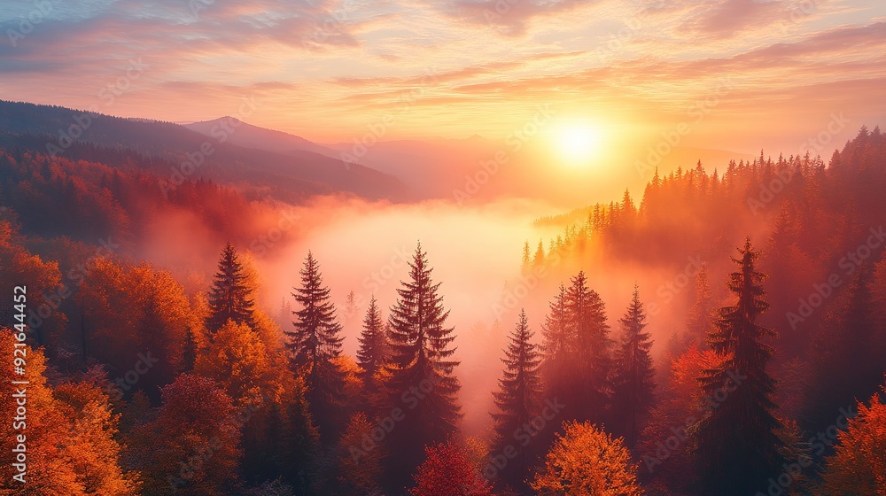 Autumn forest bathed in sunrise light, with a sea of fog below and mountains in the distance Autumn forest bathed in sunrise light, with a sea of fog below and mountains in the distance