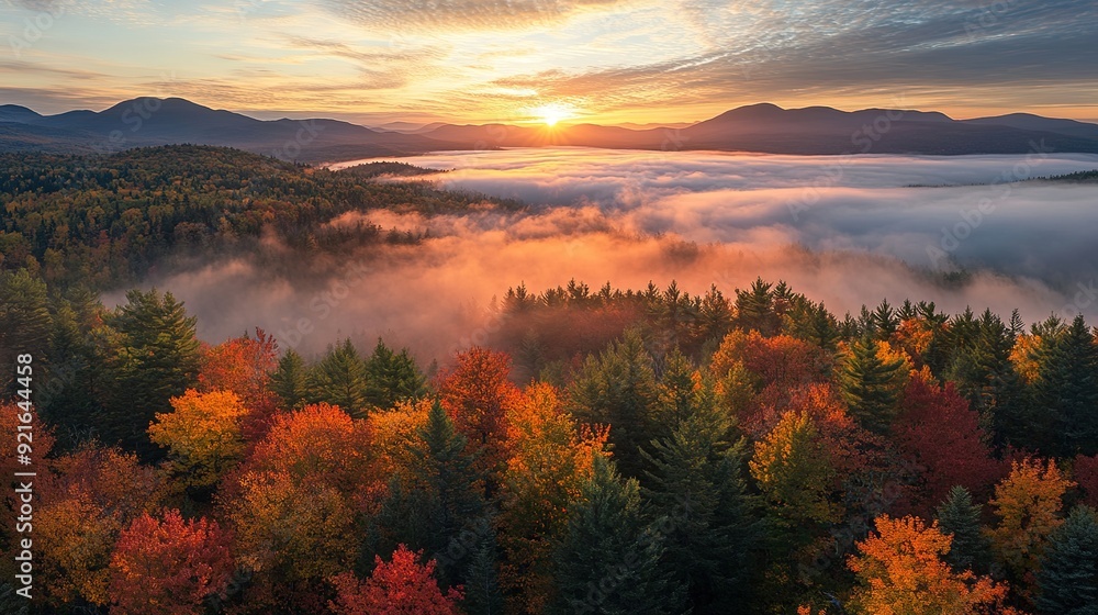 Autumn forest bathed in sunrise light, with a sea of fog below and mountains in the distance Autumn forest bathed in sunrise light, with a sea of fog below and mountains in the distance
