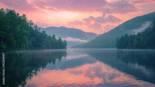 Wallpaper Mural Pristine mountain lake at sunrise, the calm waters reflecting the pink and orange hues of the sky, surrounded by lush green forests and distant peaks shrouded in mist. Torontodigital.ca