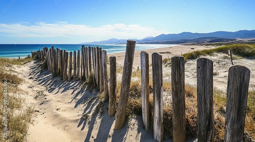Obraz premium An old wooden fence overlooking Punta Paloma Beach in Tarifa, Spain.
