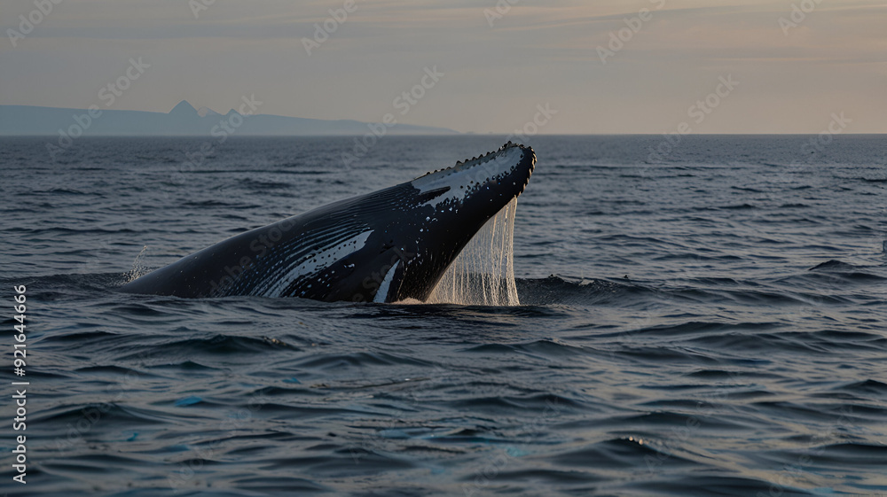 Fototapeta premium Southern Right Whale (EU Balaena australis), female with calf at sunset, Parque Nacional Peninsula Valdes, Argentina, South America, Orca tail fin, Puget Sound, Washington, US.