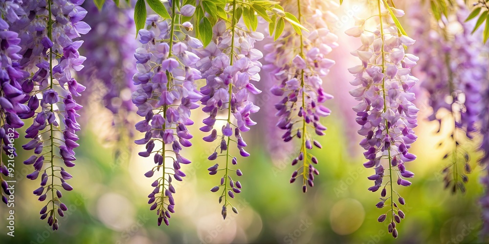 Naklejka premium Wisteria flowers with soft shadows on backdrop, wisteria, flowers, soft shadows,backdrop, nature, purple, bloom, plant