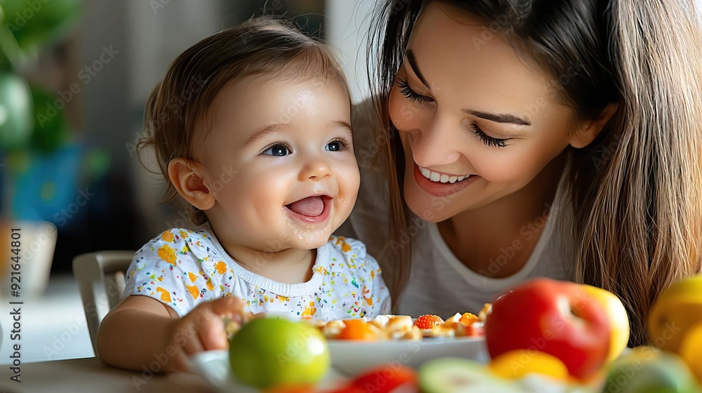 Happy mother feeding her baby healthy food.