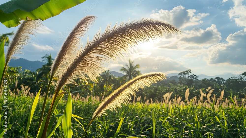 Obraz premium Pennisetum purpureum, commonly known as Napier grass, elephant grass, or Uganda grass, positioned in front of a banana plantation or field. 