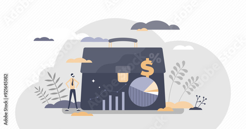 Investor portfolio as financial work history presentation tiny persons concept, transparent background. Business document gallery with money investments and success rate illustration.