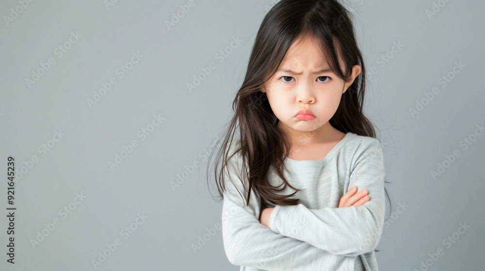 an angry little girl standing with her arms crossed