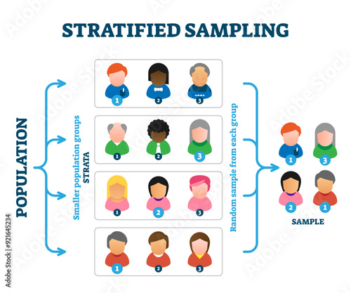 Stratified sampling example, illustration diagram, transparent background. Research method explanation scheme with person symbols and stages.