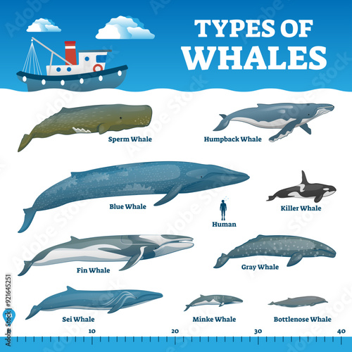 Types of whales educational labeled comparison collection illustration, transparent background. Ocean wildlife mammals collection with human and ruler for size perspective.