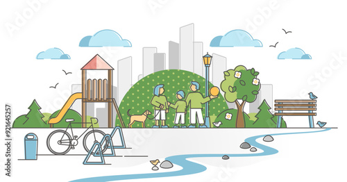 Urban park with city green zone for family nature recreation outline concept, transparent background. Public place for dogs and kids in fresh air and garden area illustration.
