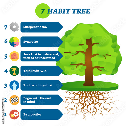 7 habit tree success mindset stages illustration, transparent background. Be proactive, begin with the end in mind, put first things first, win-win, first understand, then be understood.