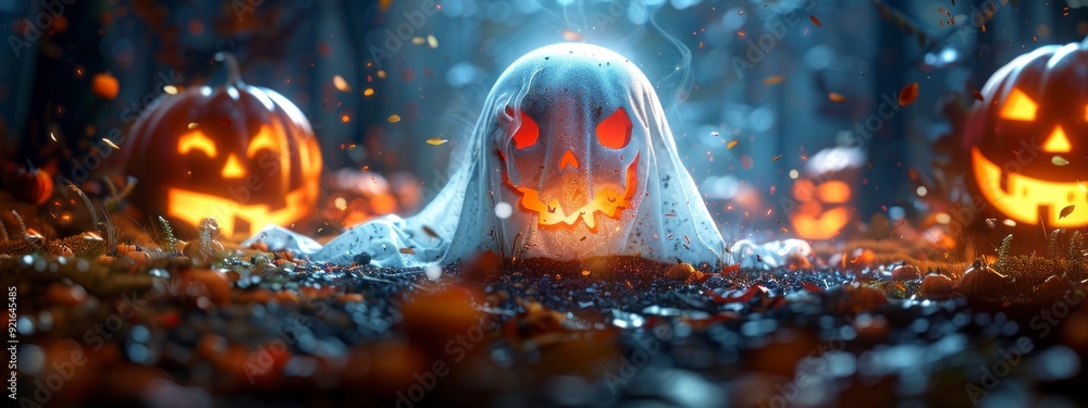 Halloween-themed ghost with jack-o'-lanterns, creating a festive atmosphere. Halloween-themed ghost with jack-o'-lanterns, creating a festive atmosphere.