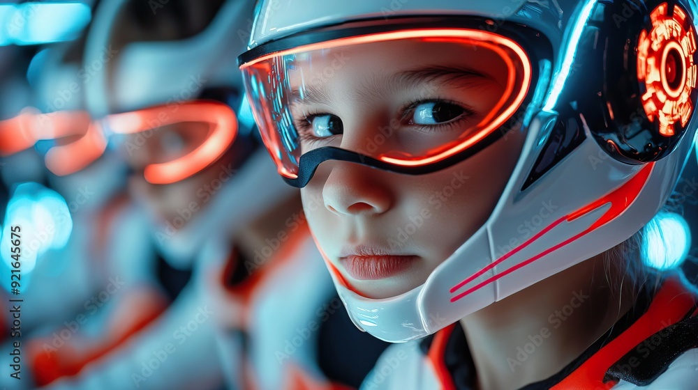 Young girl in futuristic helmet with glowing lights looking at camera Young girl in futuristic helmet with glowing lights looking at camera