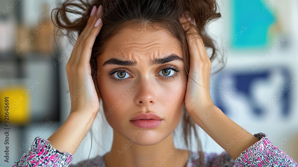 Woman with worried expression, holding her head in her hands. Woman with worried expression, holding her head in her hands.