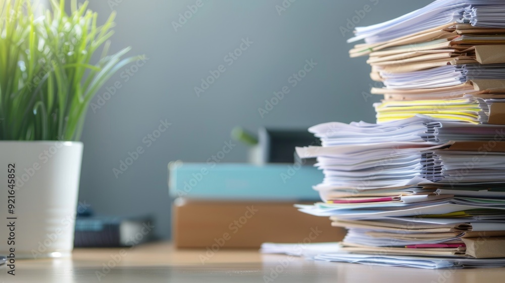 A stack of folders, documents and papers on an office desk. A stack of folders, documents and papers on an office desk.