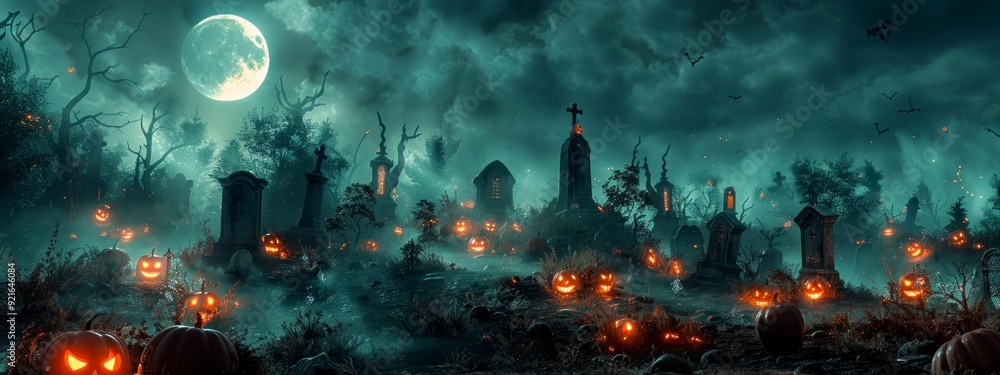 Haunted graveyard under a full moon with glowing pumpkins and fog, creating a dark and eerie atmosphere. Haunted graveyard under a full moon with glowing pumpkins and fog, creating a dark and eerie atmosphere.