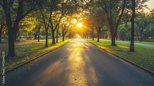 A road cutting through a forested park, with tree leaf shadows cast by the early morning sun.