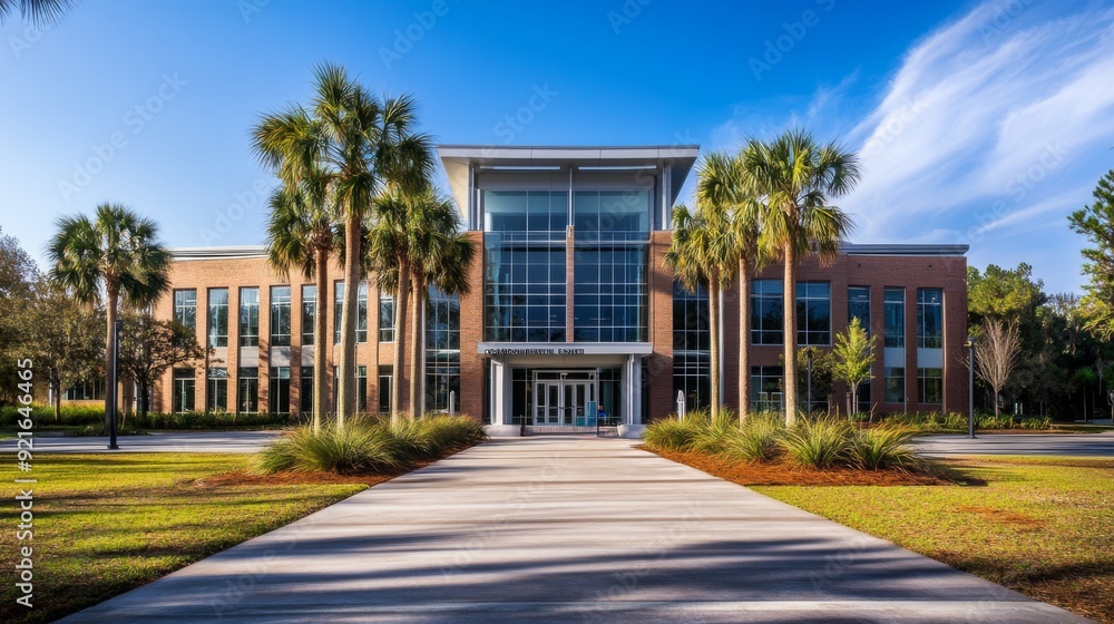 Fototapeta premium Modern office building exterior with palm trees and landscaping on a sunny day.