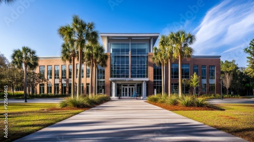 Modern office building exterior with palm trees and landscaping on a sunny day.