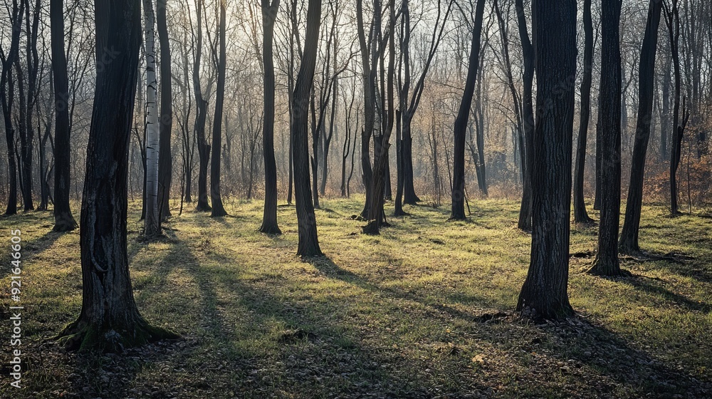 Fototapeta premium Trees in a spring forest during the height of spring, with fresh, green foliage and vibrant new growth.