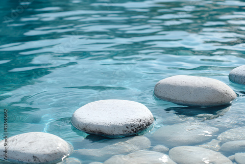 A collection of white rocks are floating in a body of water