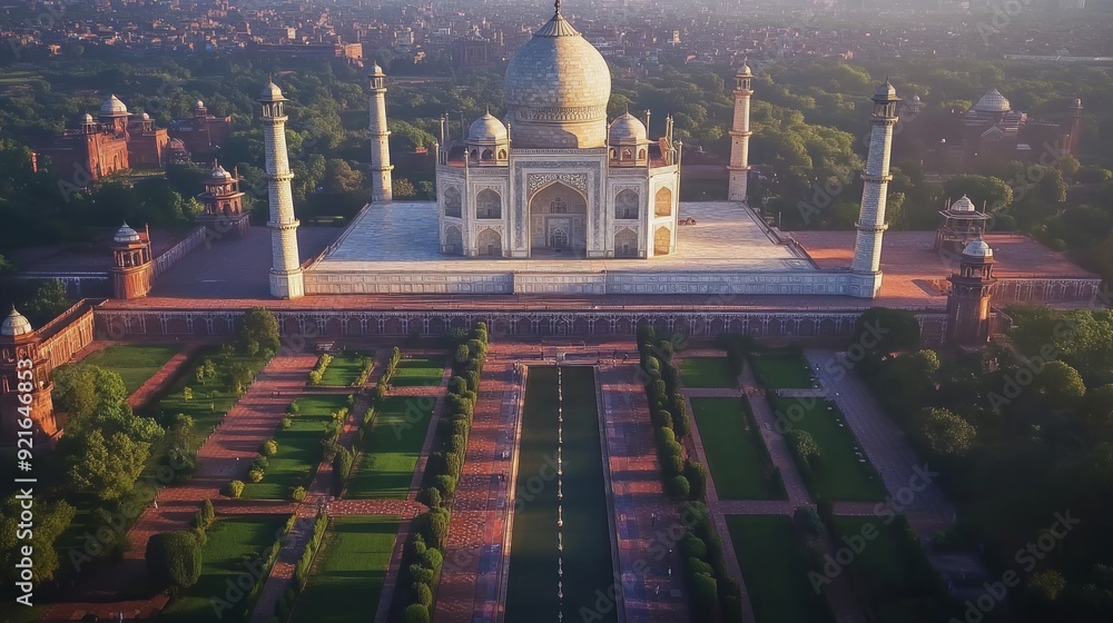 Obraz premium Aerial View of the Taj Mahal with its symmetrical gardens