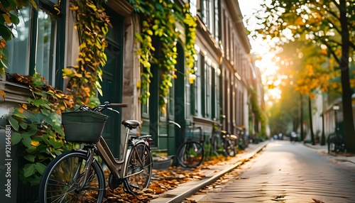 The warm October sun shines beside the cycling cars, the ancient buildings hidden by green leaves, and the tranquil street atmosphere. photo