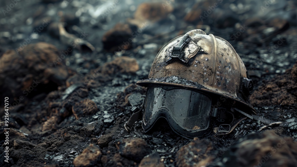 Fototapeta premium Old, dusty miner's helmet and goggles on rocky ground