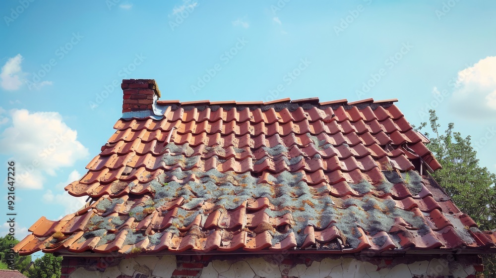 Naklejka premium Weathered red tile roof with damaged chimney against clear sky