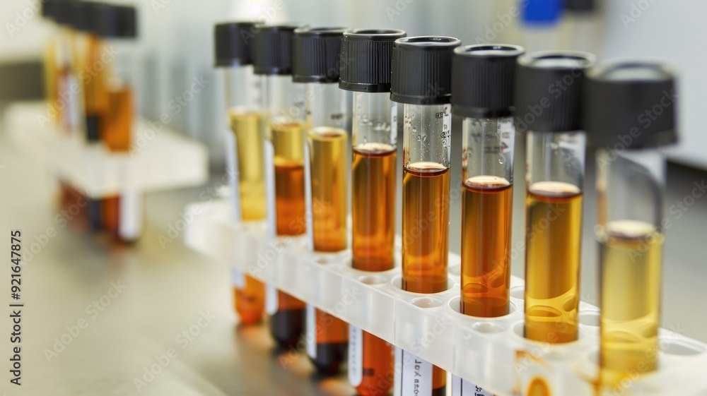 Rows of test tubes with yellow-orange liquid in laboratory setting Rows of test tubes with yellow-orange liquid in laboratory setting