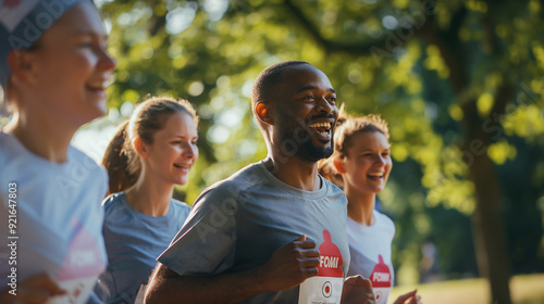 Diverse team of office workers joyfully participating in a charity run, highlighting unity and social responsibility. Diversity, teamwork and unity concepts.
