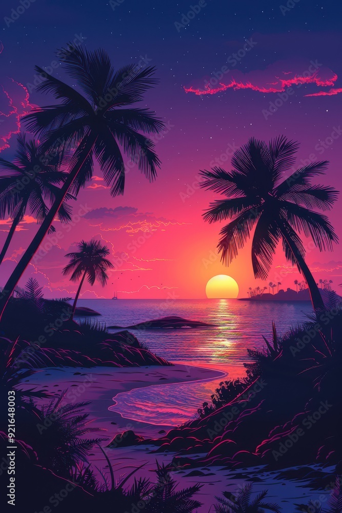 Obraz premium Sunset Beach with Palm Trees