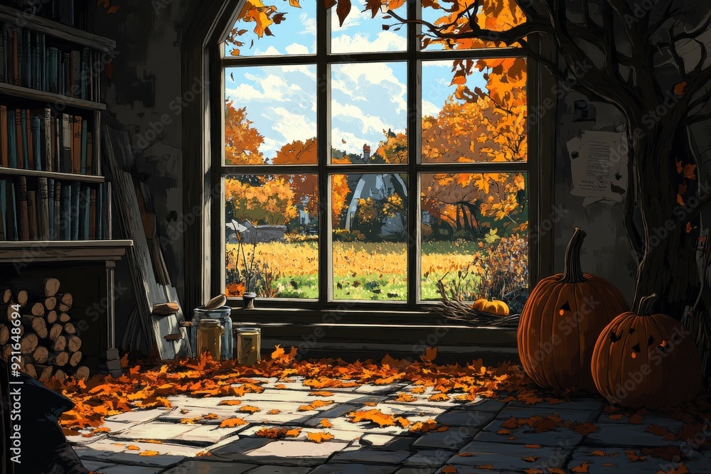 Obraz premium Autumnal Window View with Pumpkins.