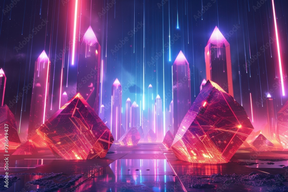 Futuristic crystal technology prism shapes with diamond crystal seams, resembling a high-tech city in hologram style with vibrant magenta, pink, and blue laser effects. Futuristic crystal technology prism shapes with diamond crystal seams, resembling a high-tech city in hologram style with vibrant magenta, pink, and blue laser effects.