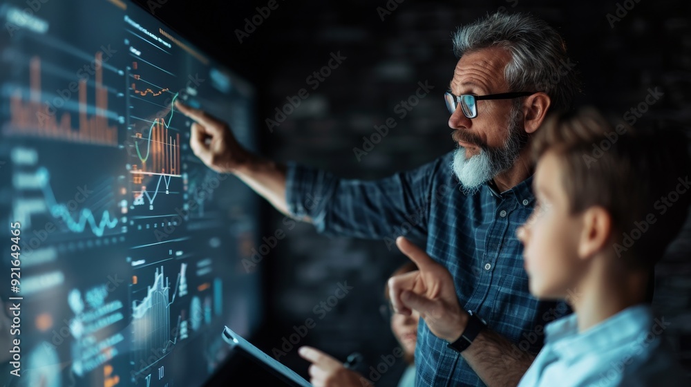 An experienced mentor guides a young learner through data analysis, illustrating complex concepts on a digital screen. An experienced mentor guides a young learner through data analysis, illustrating complex concepts on a digital screen.