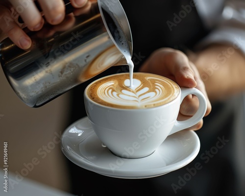 An elegantly crafted latte with beautiful milk foam art, served in a stylish white cup, perfect for coffee lovers.