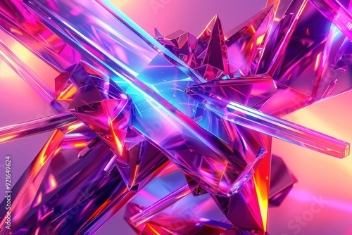 Futuristic crystal technology prism shapes with diamond crystal seams, resembling a high-tech city in hologram style with vibrant magenta, pink, and blue laser effects. photo