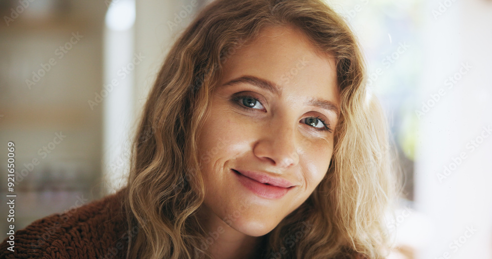 Happy woman, portrait and morning with self confidence or natural beauty in satisfaction at home. Face of young female person or freelancer with smile for positive attitude, style or future at house Happy woman, portrait and morning with self confidence or natural beauty in satisfaction at home. Face of young female person or freelancer with smile for positive attitude, style or future at house