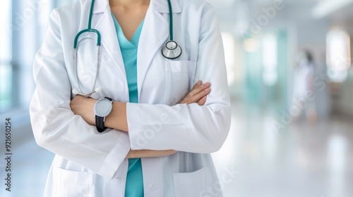 Close-up of a doctor in a white coat with a stethoscope, ready to provide care in a modern medical environment.