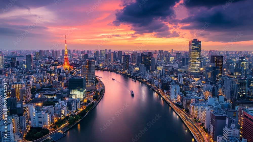 Tokyo Skyline at Sunset with a River Tokyo Skyline at Sunset with a River